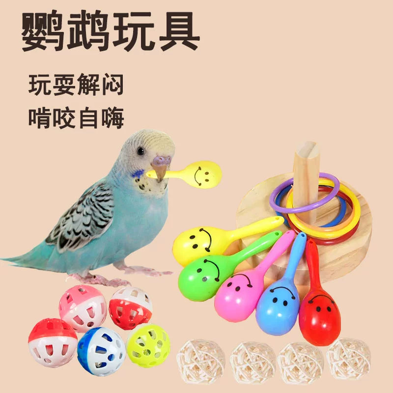 Parrot Ring Toss Toy Set with Chewable Bells and Rattles for Small to Medium Birds
