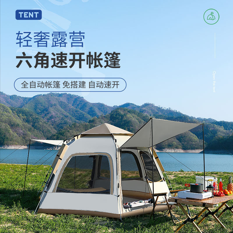 Automatic Hexagonal Pop-Up Camping Tent for 3-8 People - Waterproof & Sun Protection