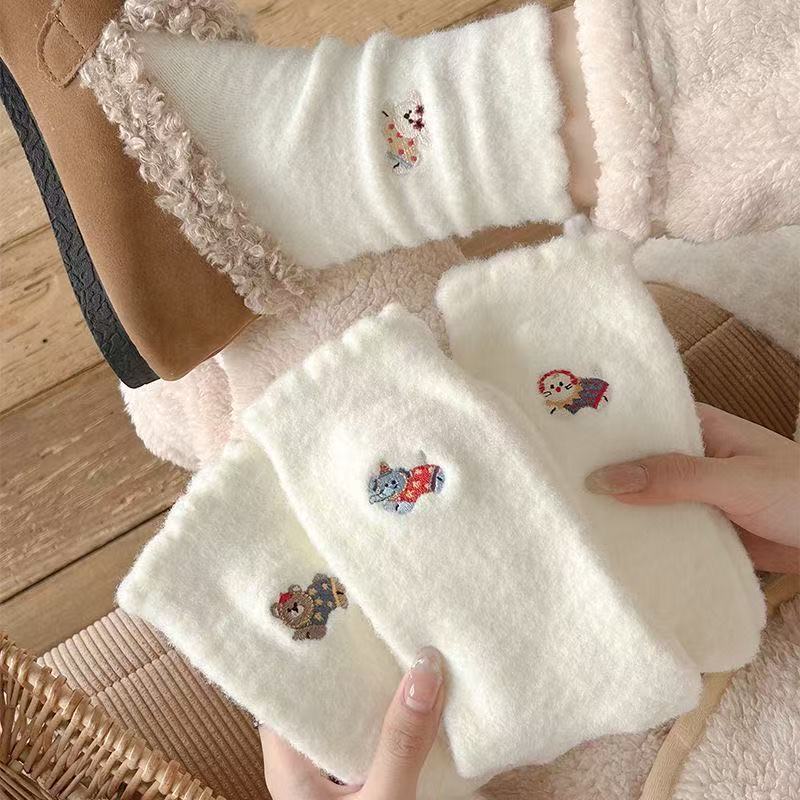 Women's Winter Thermal Fleece-Lined Mid-Calf Socks with Cartoon Embroidery