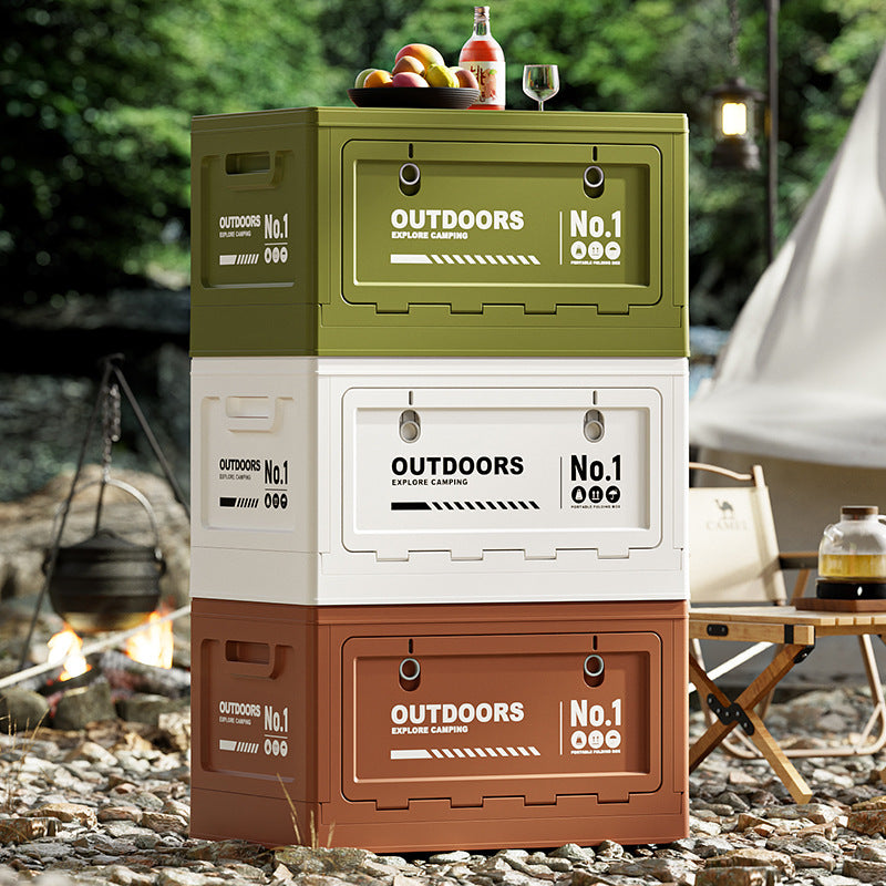 Outdoor Folding Storage Box with Side Opening, Camping Car Trunk Organizer, Plastic Container with Optional Wooden Tabletop