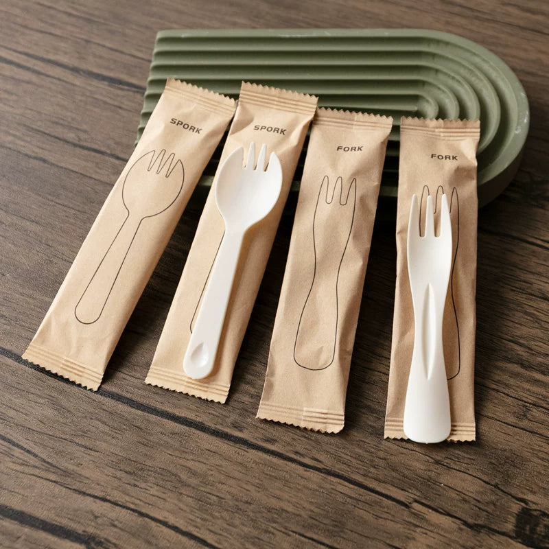Disposable Biodegradable Spork Set with Kraft Paper Bag, Thickened Dessert Cake Fruit Spoons and Forks