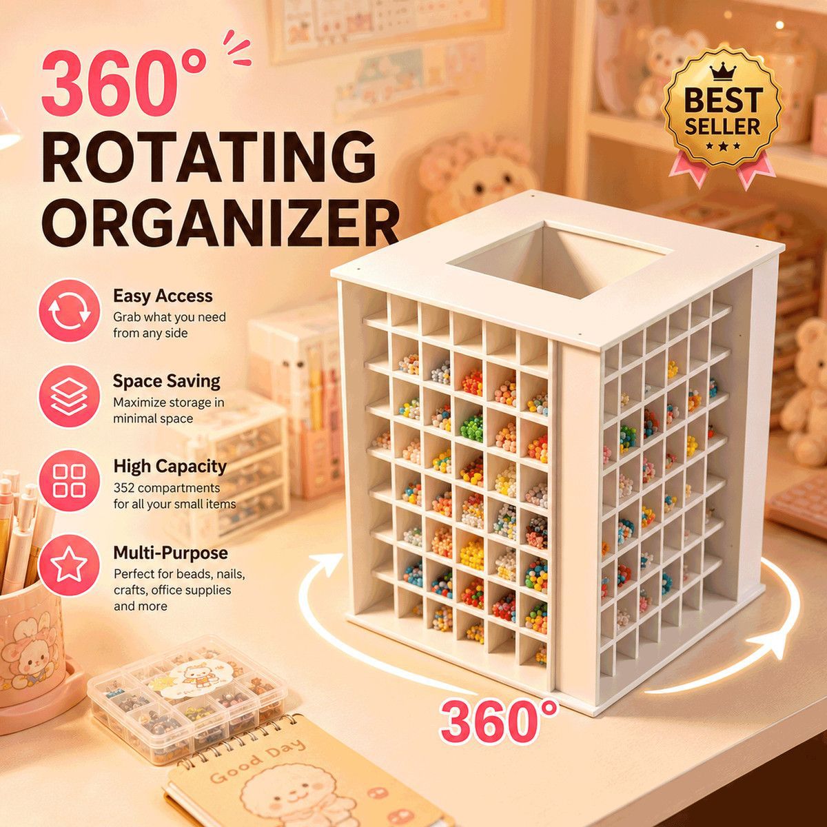 Rotating Desktop Storage Rack for Perler Beads and Small Items, Multi-Grid Organizer with Large Capacity