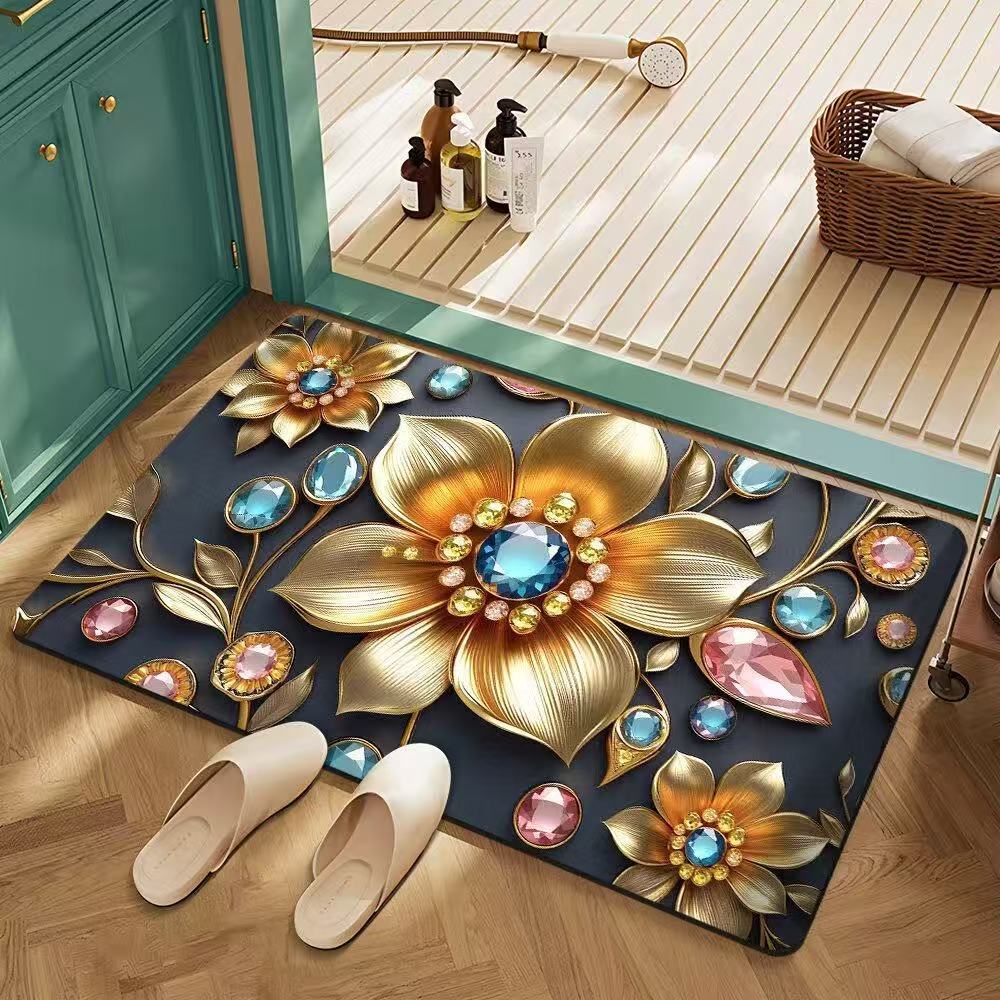 Floral Diatomaceous Earth Bath Mat Quick Dry Non-Slip Absorbent Bathroom Floor Mat