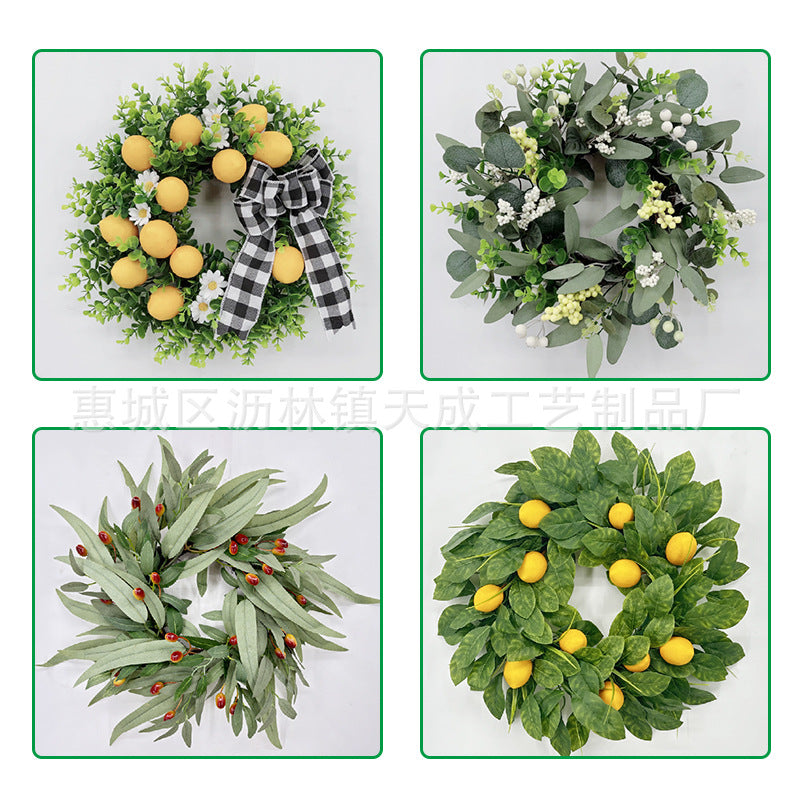 Spring Artificial Green Grass Wreath with Lemon & Olive Branches, Front Door Hanging Decoration for Home Decor
