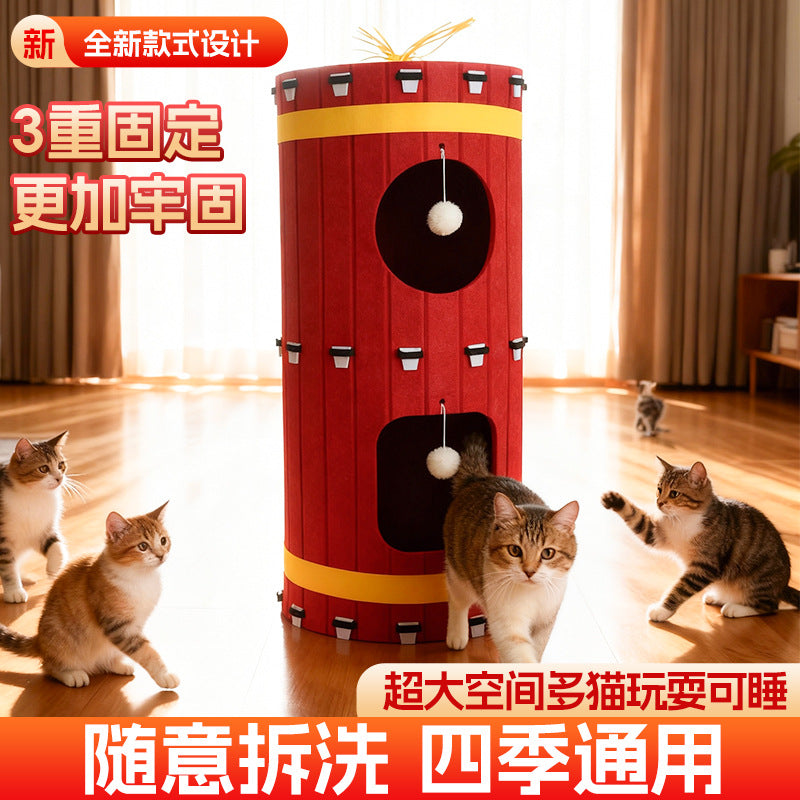 Felt Firecracker Cat Condo Multi-Layer Cat Tree with Hiding House for Multiple Cats