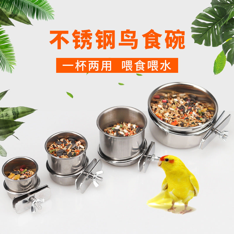 Stainless Steel Bird Feeder Cups with Holder Clip for Parrot Cages