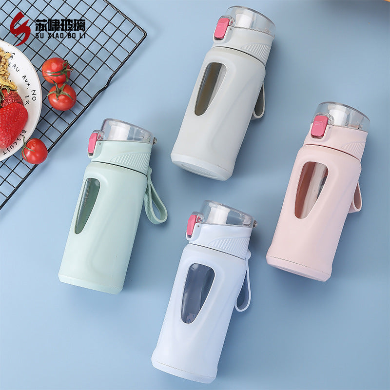 High-Temperature Resistant Glass Water Bottle with Bounce Lid - Large Capacity for Students, Sports, and Office