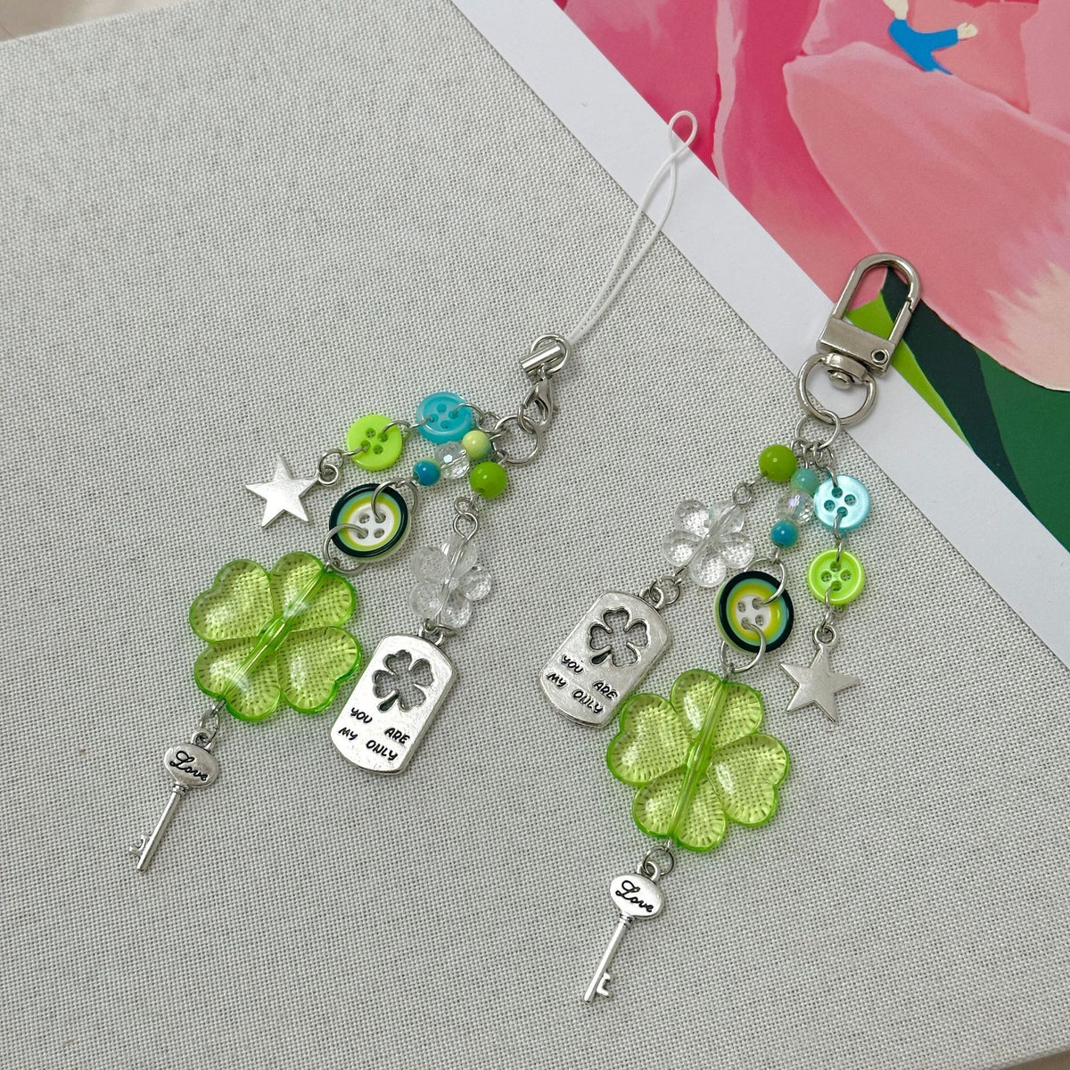 Lucky Four-Leaf Clover Beaded Phone Lanyard Keychain Charm