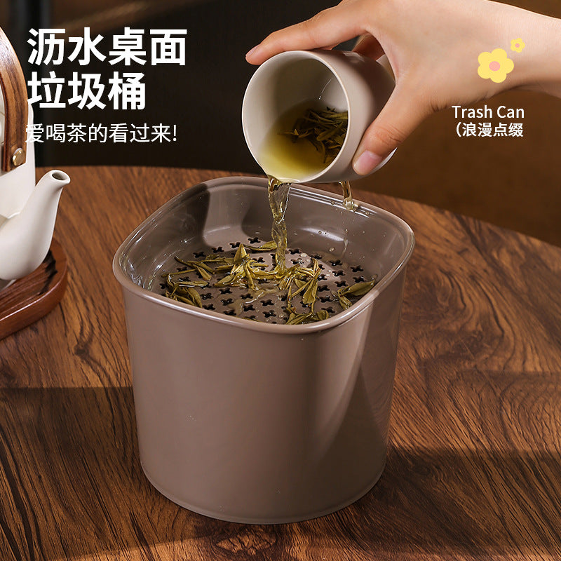 Mini Desktop Trash Can with Lid and Drainer for Tea Leaves