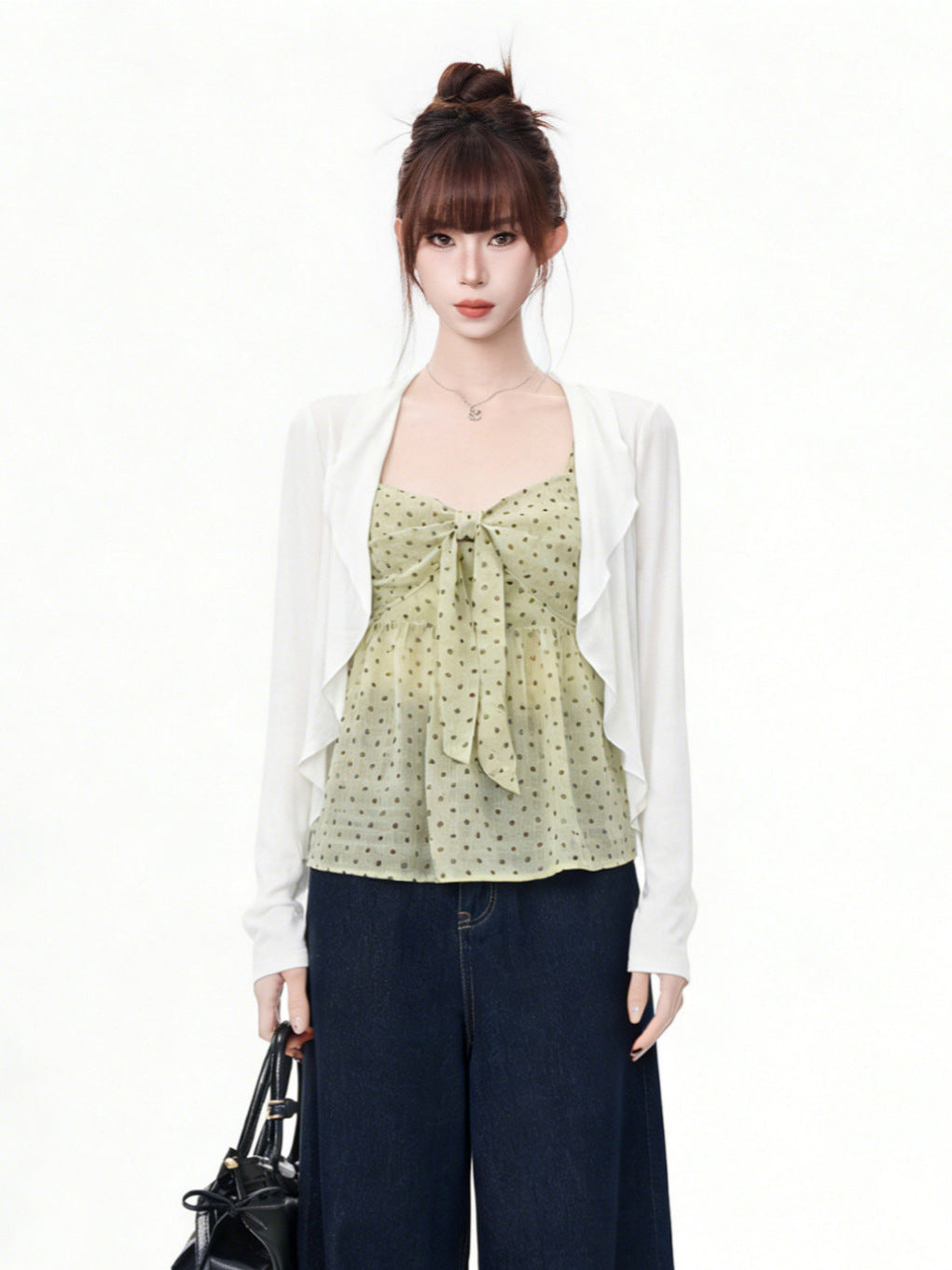 Women's Lyocell Ruffle Cardigan & Polka Dot Cami Two-Piece Set