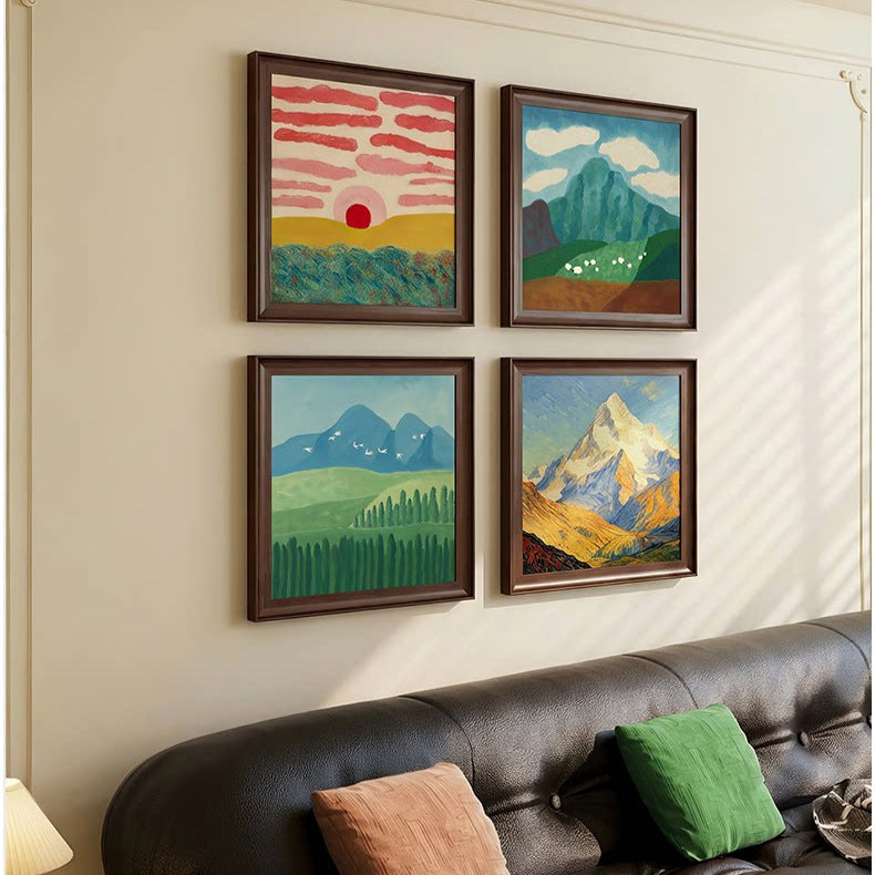 French Vintage Golden Mountain Sunrise Wall Art for Living Room Sofa Background and Dining Room Decor