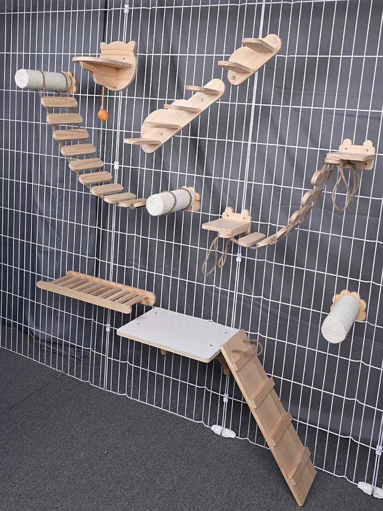 Wooden Cat Ladder Stairs Pet Chinchilla Cage Squirrel Climbing Platform Rope Bridge DIY Cat Cage Wall