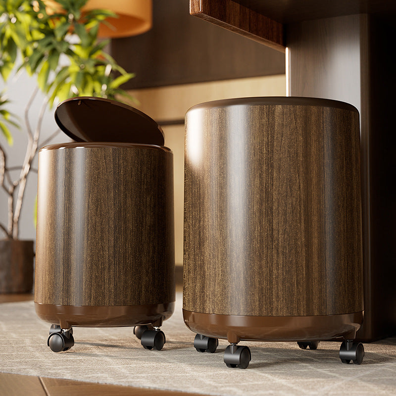 Wood Grain Round Trash Can with Wheels, Large Capacity Household Waste Bin