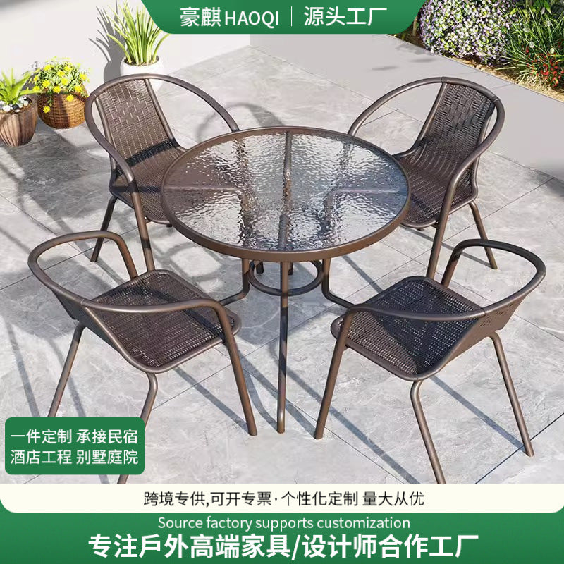 Outdoor Rattan Patio Dining Set with Glass Table and 4 Chairs