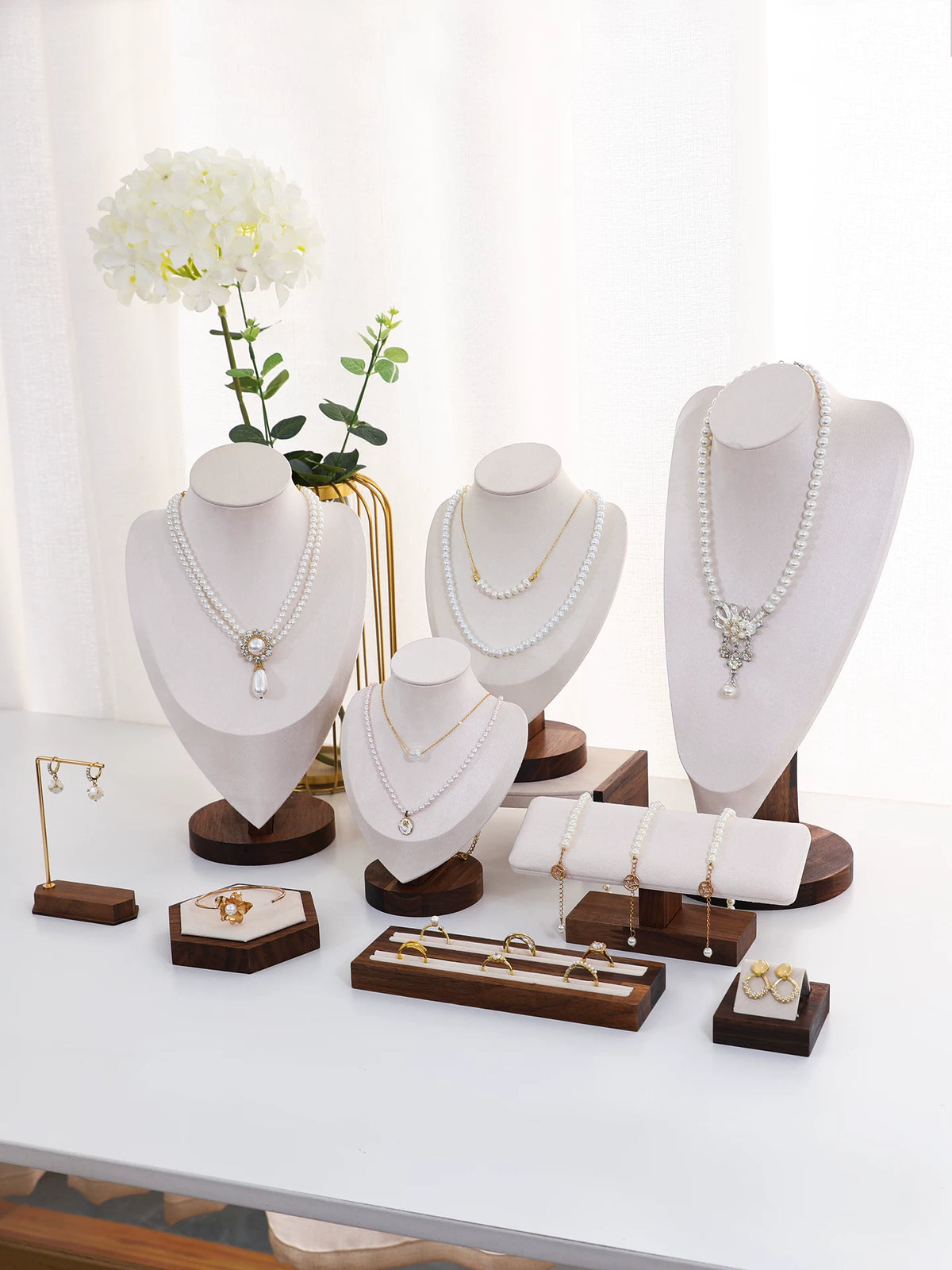 Walnut Wood Jewelry Display Stand for Necklaces, Pendants, Rings, and Bracelets