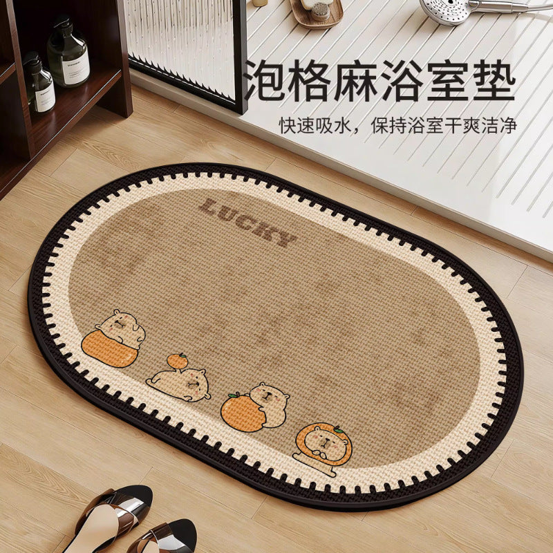 Cartoon Dog Bread Oval Bathroom Mat Absorbent Non-Slip Floor Mat for Toilet and Sink