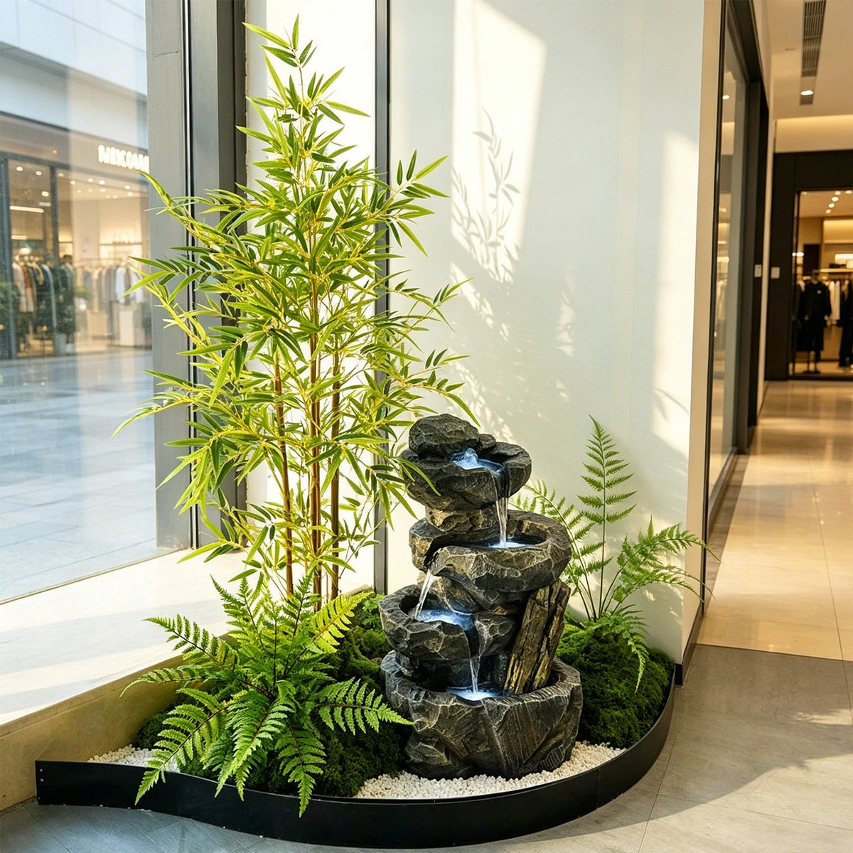 Corner Flowing Water Rockery Landscape with Green Plants Indoor Water Feature for Entryway Balcony Staircase