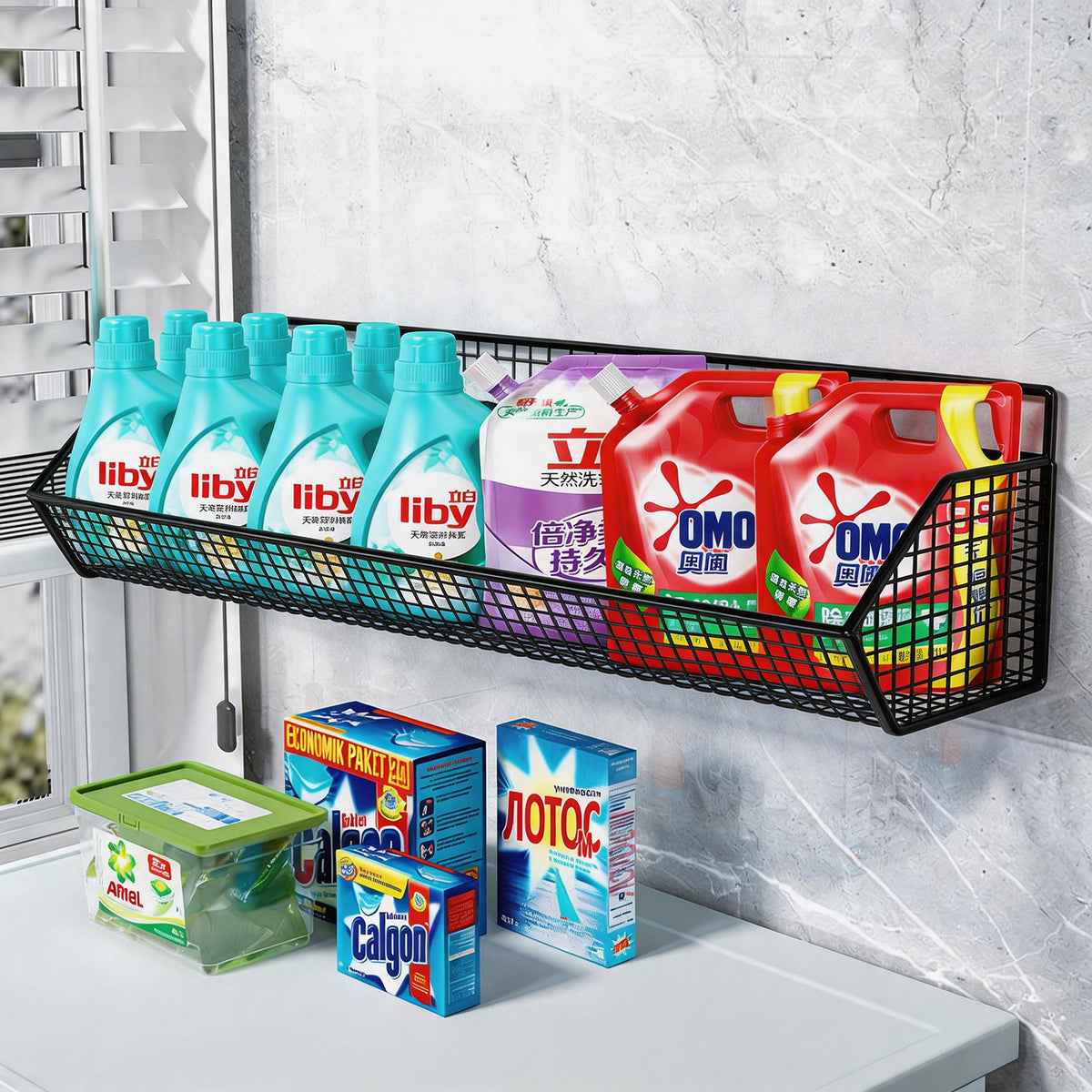 No-Drill Wall-Mounted Storage Basket for Balcony & Bathroom, Laundry Room Organizer Shelf
