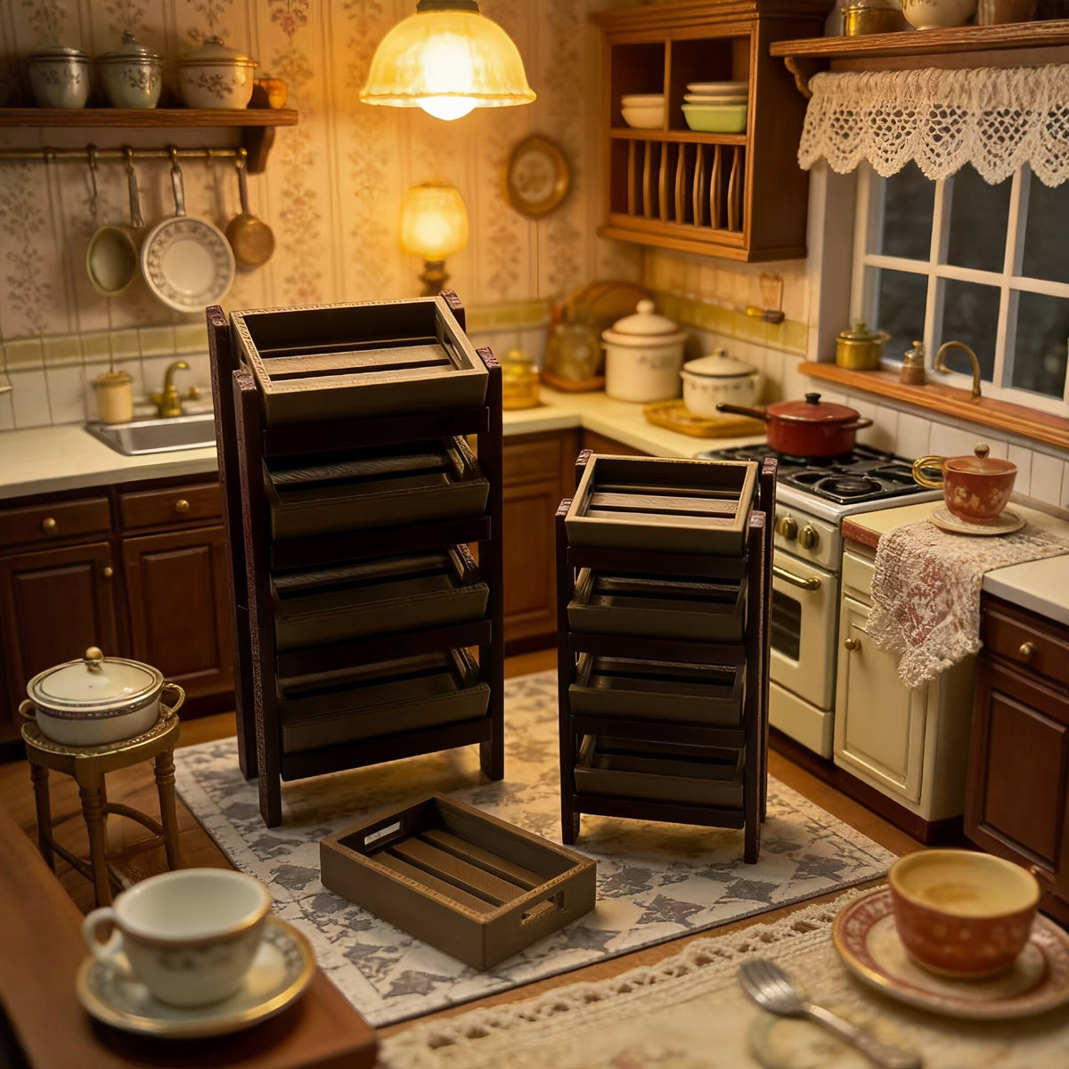 Miniature Dollhouse Kitchen Storage Rack with Four Trays