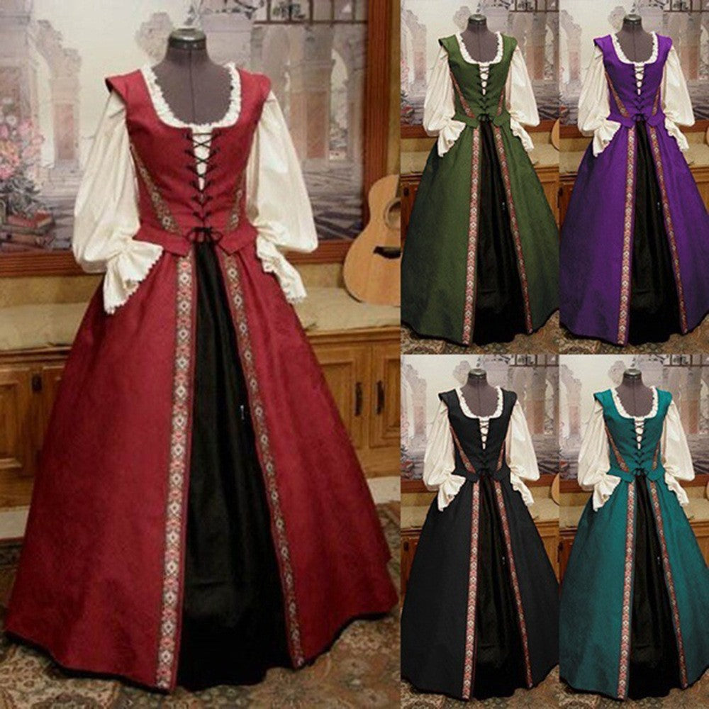 Medieval Renaissance Square Neck High-Waist Two-Piece Dress Set Plus Size Gown