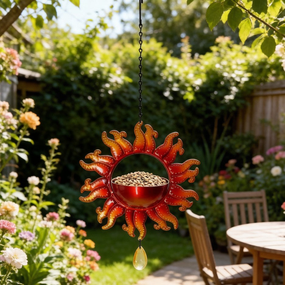 Sun-Shaped Iron Art Bird Feeder and Water Dish for Garden Hanging Decoration
