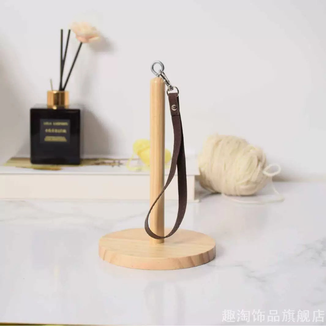 Wooden Yarn Holder with Leather Wrist Strap for Knitting and Crocheting