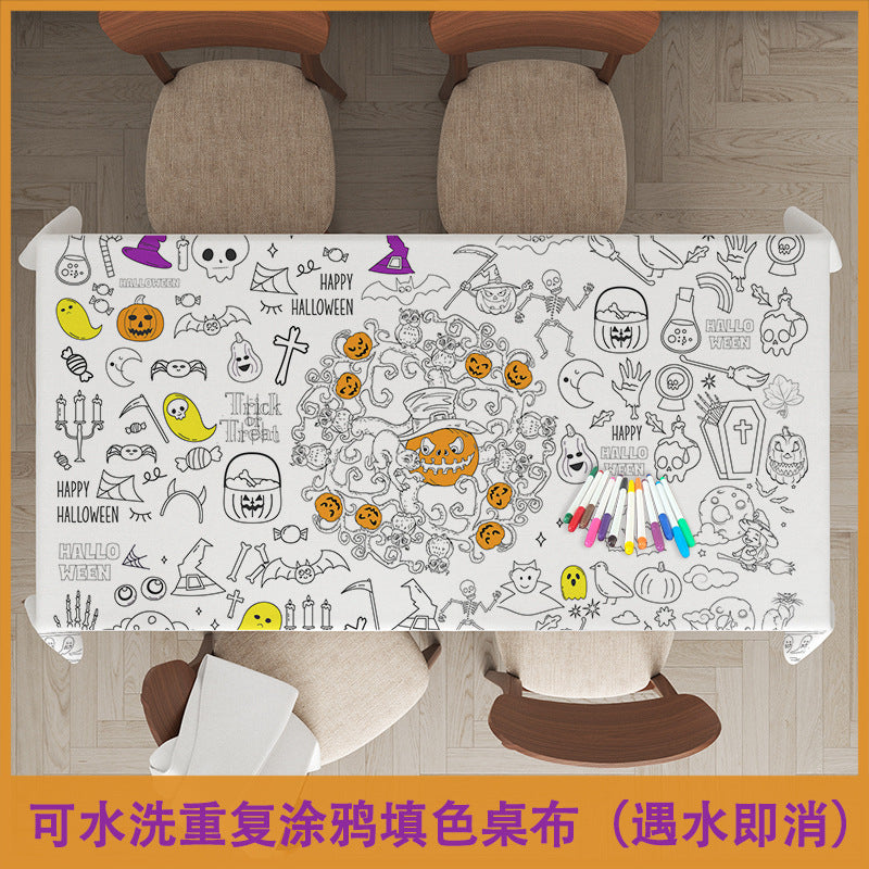 Halloween Washable Coloring Tablecloth with Reusable Doodle Design