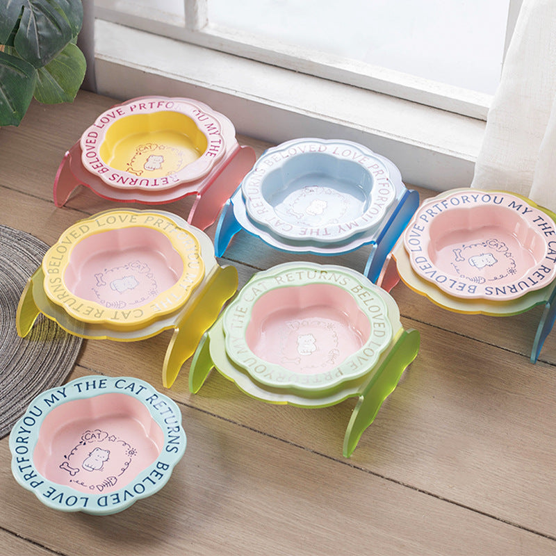 Ceramic Cat Bowl with Elevated Acrylic Stand, Anti-Tipping Pet Food and Water Dish for Neck Protection