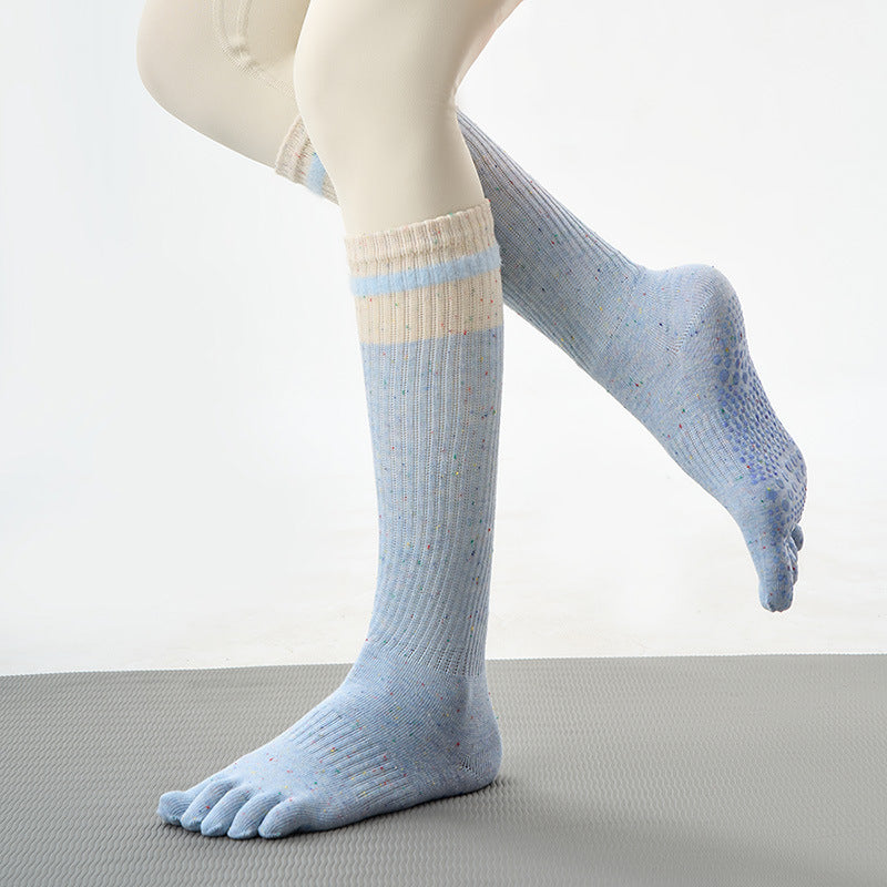 Women's Non-Slip Yoga Pilates Toe Socks with Floral Dot Pattern, Cotton Blend, Ankle Length