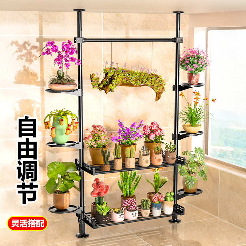 Tension Rod Plant Stand with Adjustable Shelves, Floor-to-Ceiling Indoor Plant Display Rack