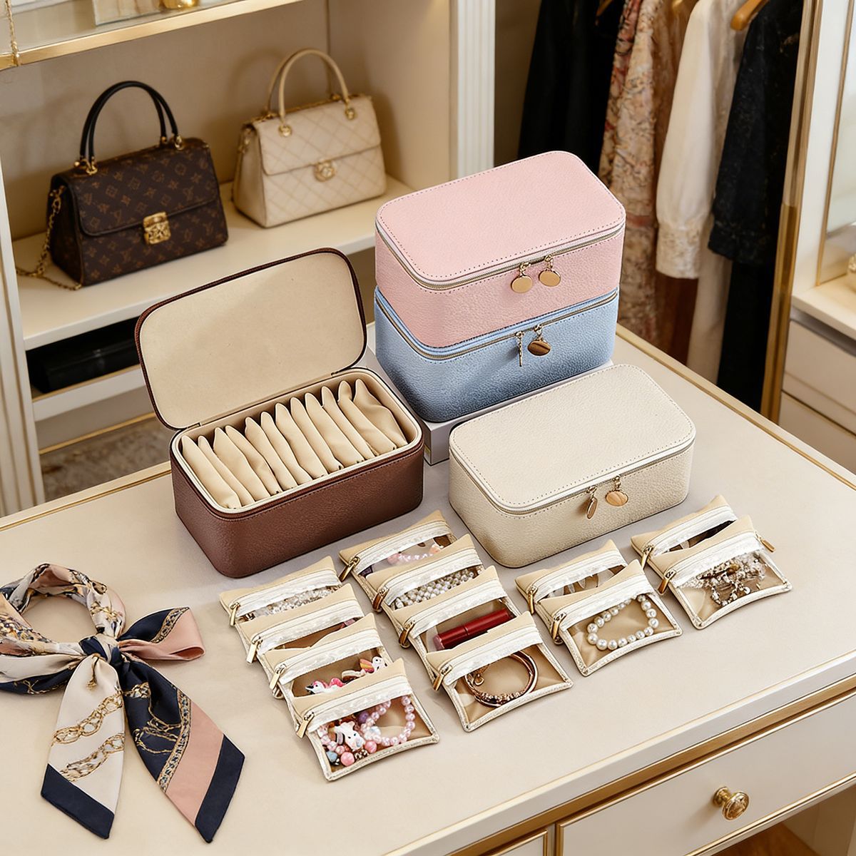 Large Rectangular Jewelry Organizer Box with Portable Pouches, Waterproof Leather Finish, Compartments for Necklaces and Earrings
