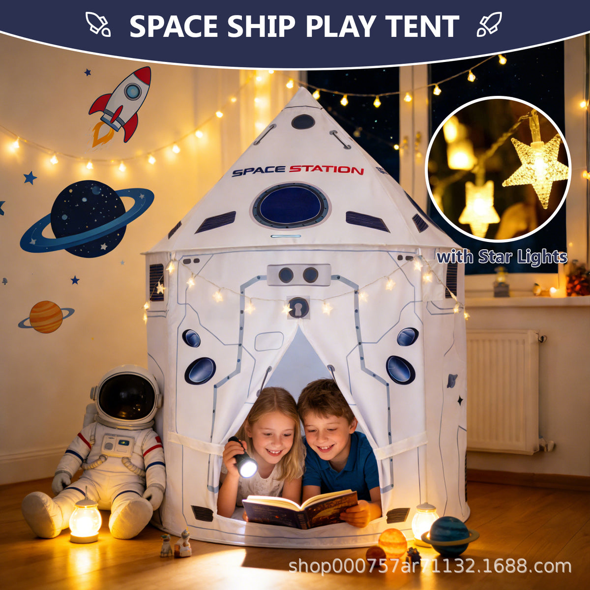 Kids Space Rocket Play Tent Foldable Indoor Outdoor Playhouse