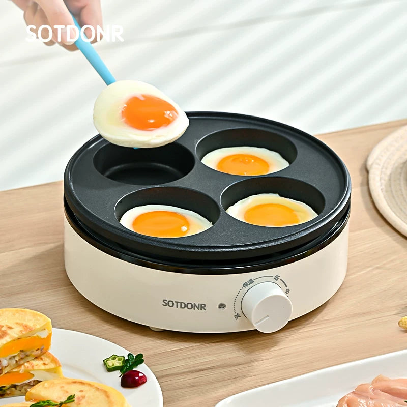 SOTDONR 4-Hole Electric Egg Frying Pan with Removable Plates, Small Household Breakfast Machine with Temperature Control