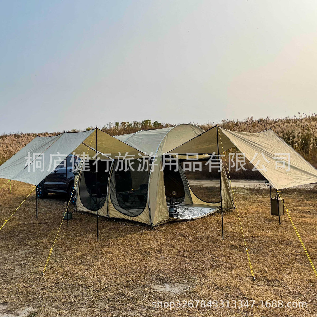 Car Tail Tent with Mesh Extension Awning for 5-8 People, Multi-functional Two-Room Design for Road Trips