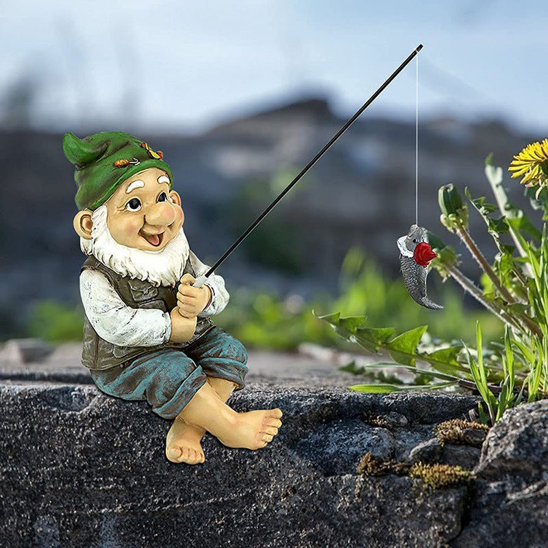 Fishing Gnome Garden Statue, Old Man Dwarf Figurine for Outdoor Patio Decor