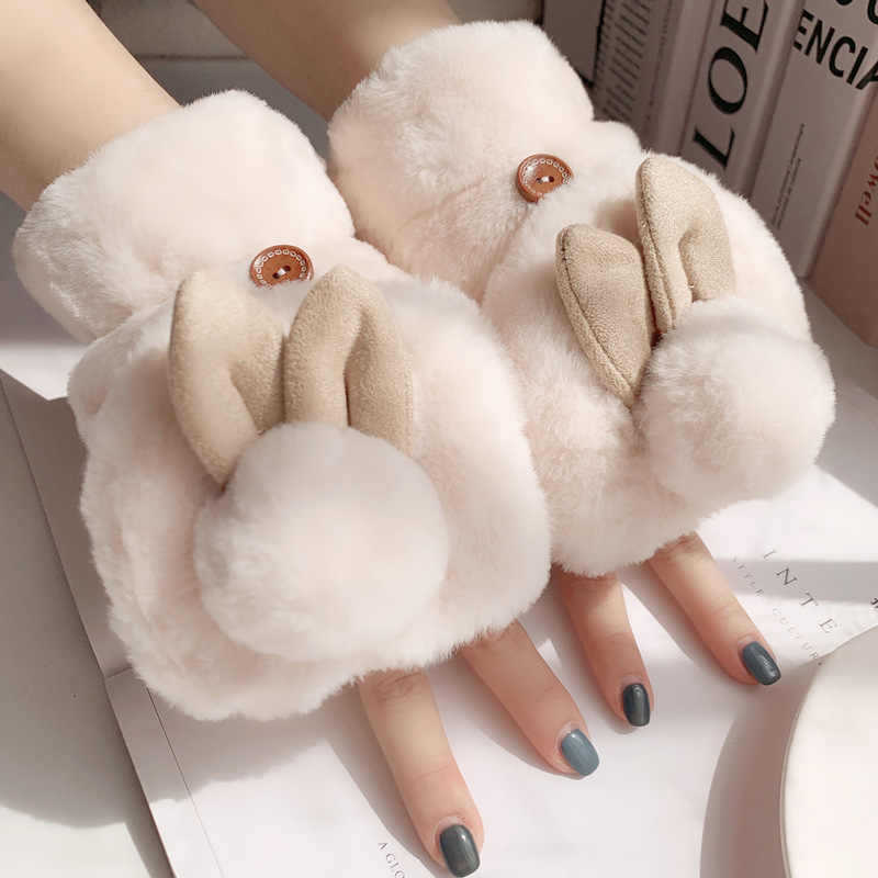Winter Plush Lined Cartoon Rabbit Ear Gloves for Students, Thickened Warm Cycling Gloves