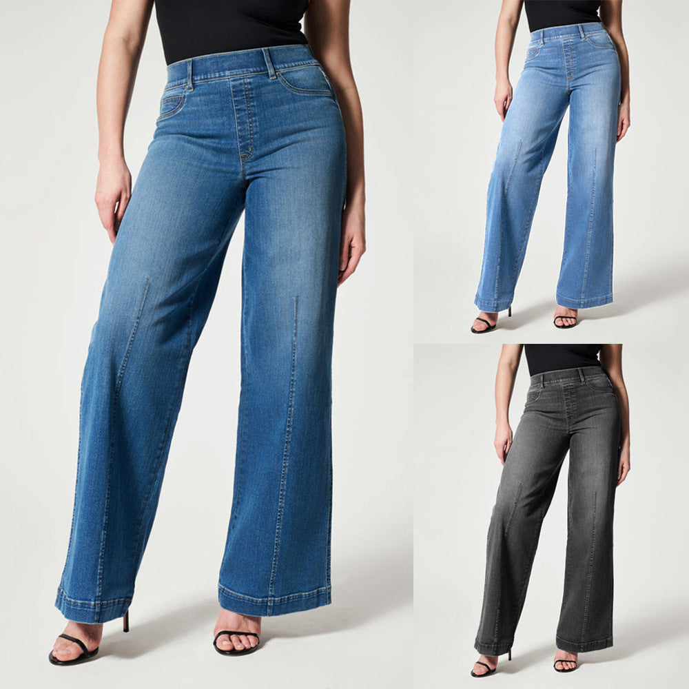 Women's High-Waist Elastic Washed Wide-Leg Denim Jeans