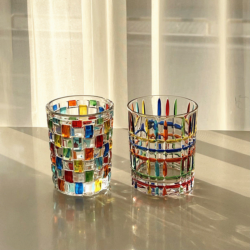Hand-Painted Nordic Glass Juice and Whiskey Tumbler with Woven Texture