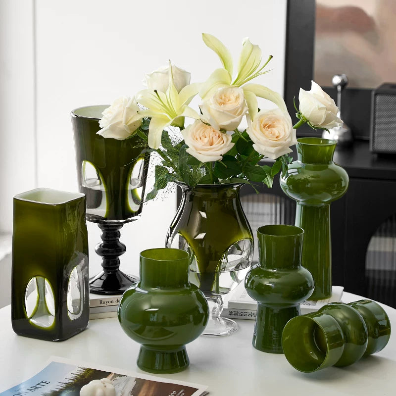 Vintage Glass Vase for Living Room Decor, Hydroponic Flower Arrangement, Retro Green Art Ornament