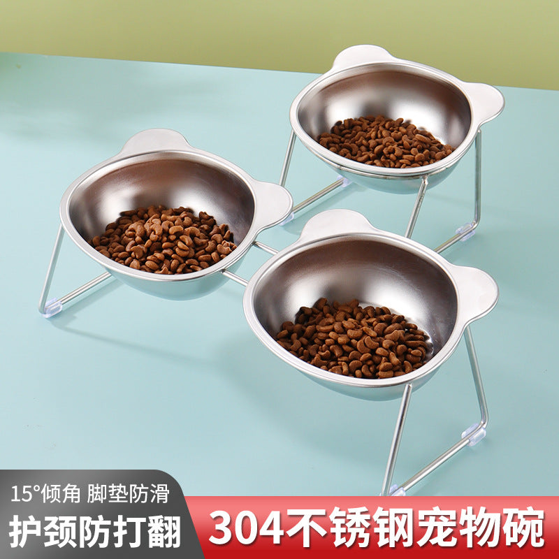 304 Stainless Steel Elevated Pet Bowl for Cats and Small Dogs, Single or Double Bowl Design, Neck Protection Feeder