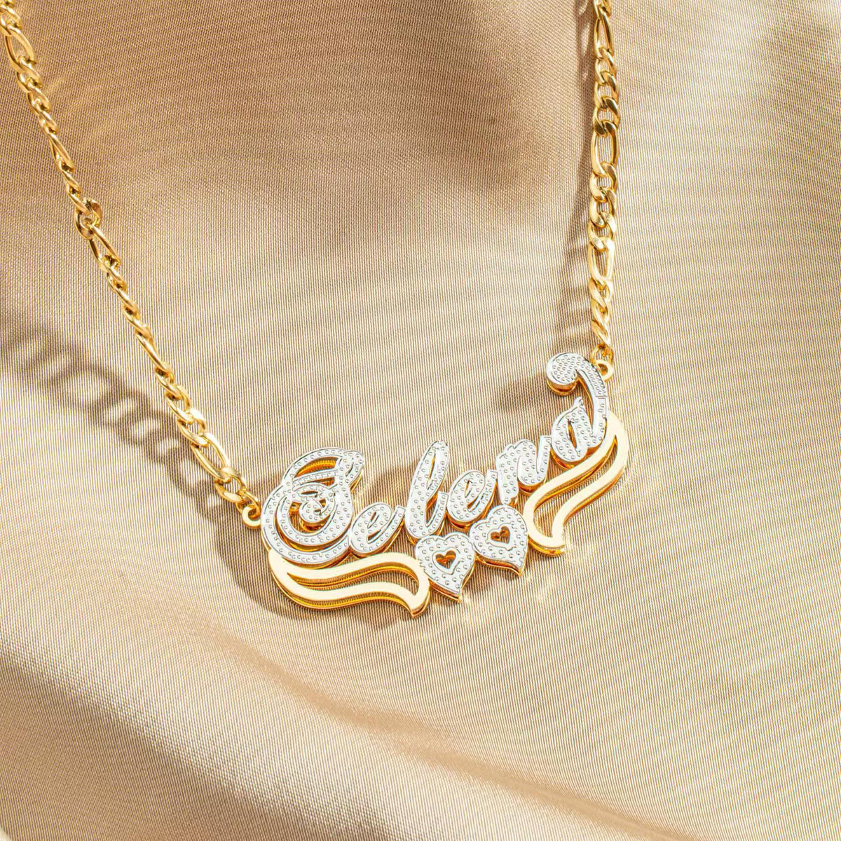 18K Gold Plated Personalized Double Layer Two-Tone Name Necklace with Heart Letter Figaro Chain