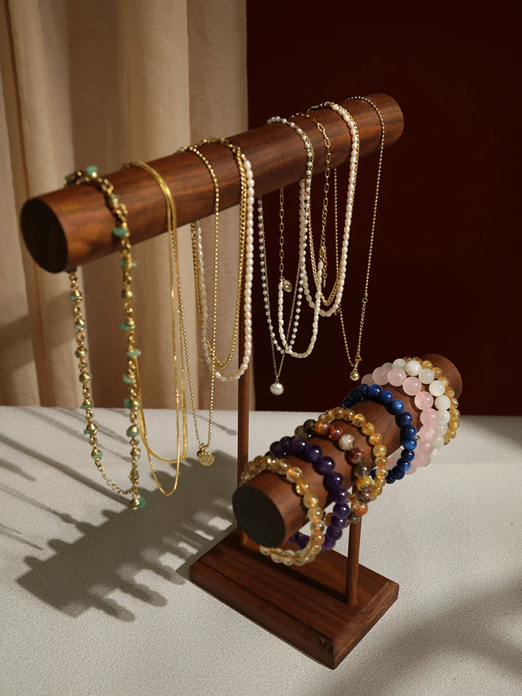 Walnut Wood Jewelry Display Stand for Bracelets, Necklaces, and Prayer Beads