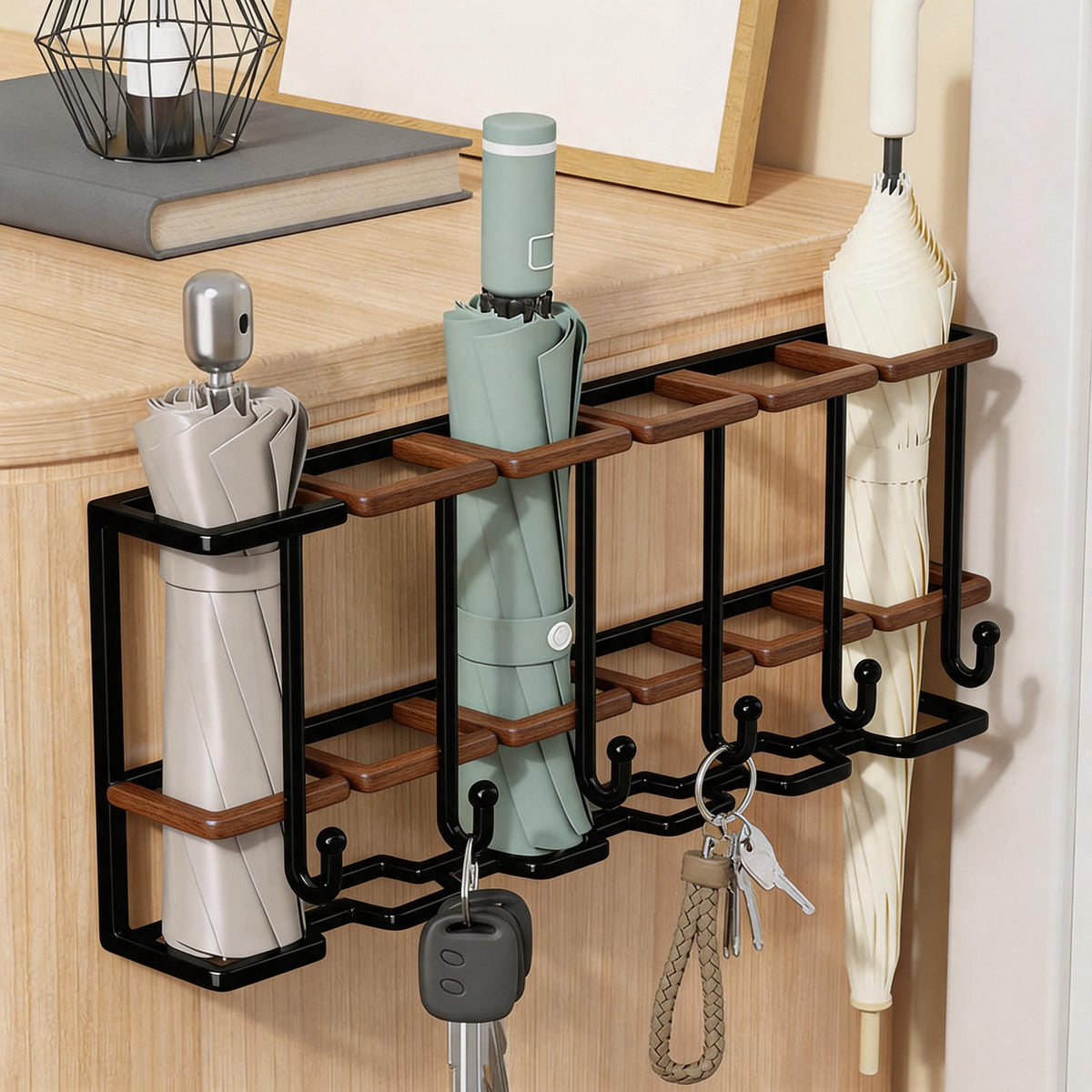 Wall-Mounted Umbrella Holder with Drip Tray and Hooks for Home Entryway