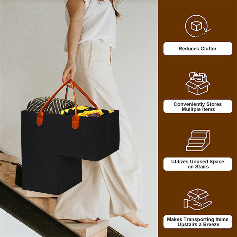 Felt Foldable L-Shaped Storage Basket with Leather Handle for Kids' Toys and Sundries