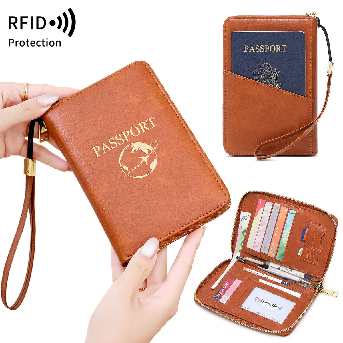 RFID Blocking Passport Holder Travel Wallet with Zipper Closure