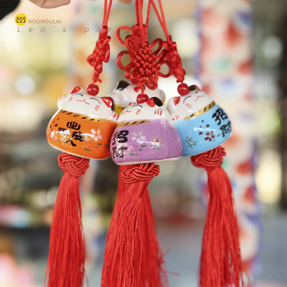 Ceramic Maneki-Neko Daruma Charm for New Year Blessings and Good Fortune