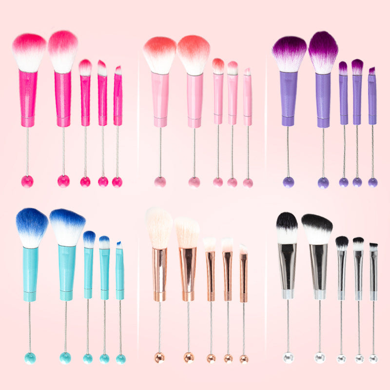 5-Piece DIY Beaded Handle Makeup Brush Set with Angled Eyeshadow, Powder, and Blush Brushes