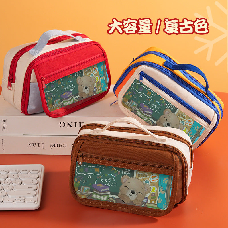 INS Vintage Large Capacity Pencil Case Multi-layer Storage Stationery Bag for Students
