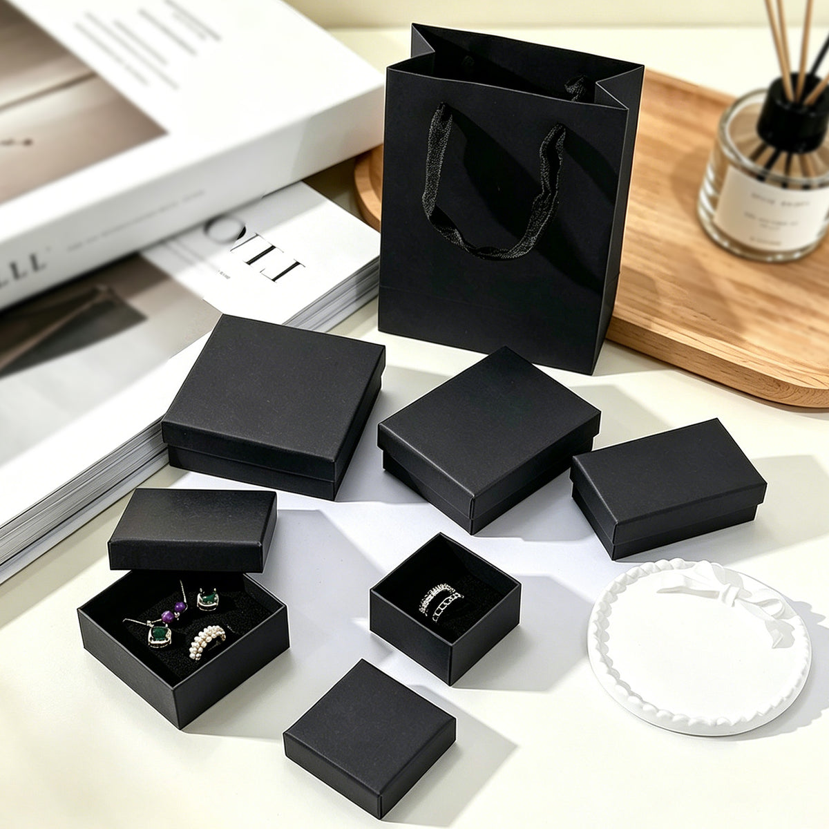 Black Jewelry Packaging Box for Rings, Earrings, Necklaces, Pendants - Simple Solid Color Gift Box