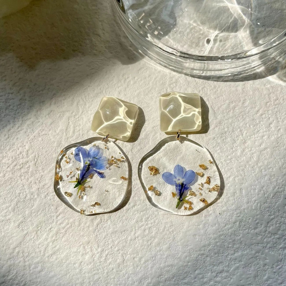 Romantic Blue Dried Flower Resin Earrings / Ear Clips for Women
